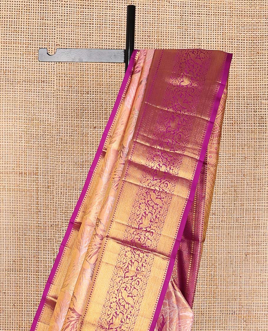 Purple floral jacquard kancheepuram silk saree with contrast zari design border & floral design pallu