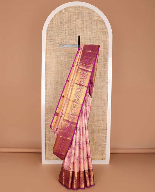 Purple floral jacquard kancheepuram silk saree with contrast zari design border & floral design pallu