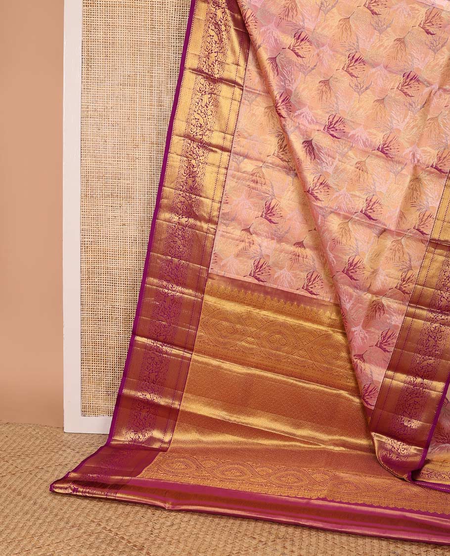 Purple floral jacquard kancheepuram silk saree with contrast zari design border & floral design pallu