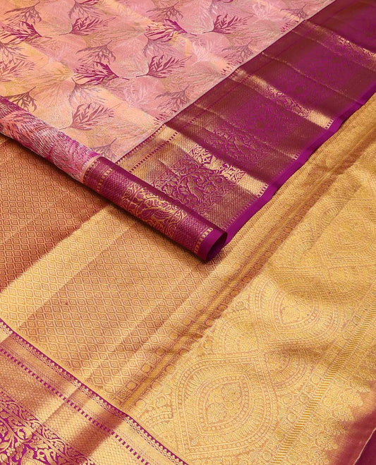 Purple floral jacquard kancheepuram silk saree with contrast zari design border & floral design pallu