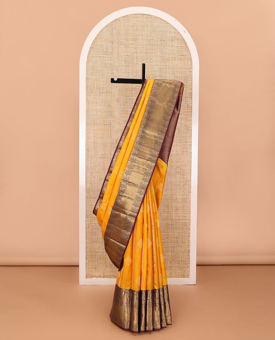 Orange zari designs silk saree, contrast border of mayil, chakram, & kuyil kann & jaal pallu