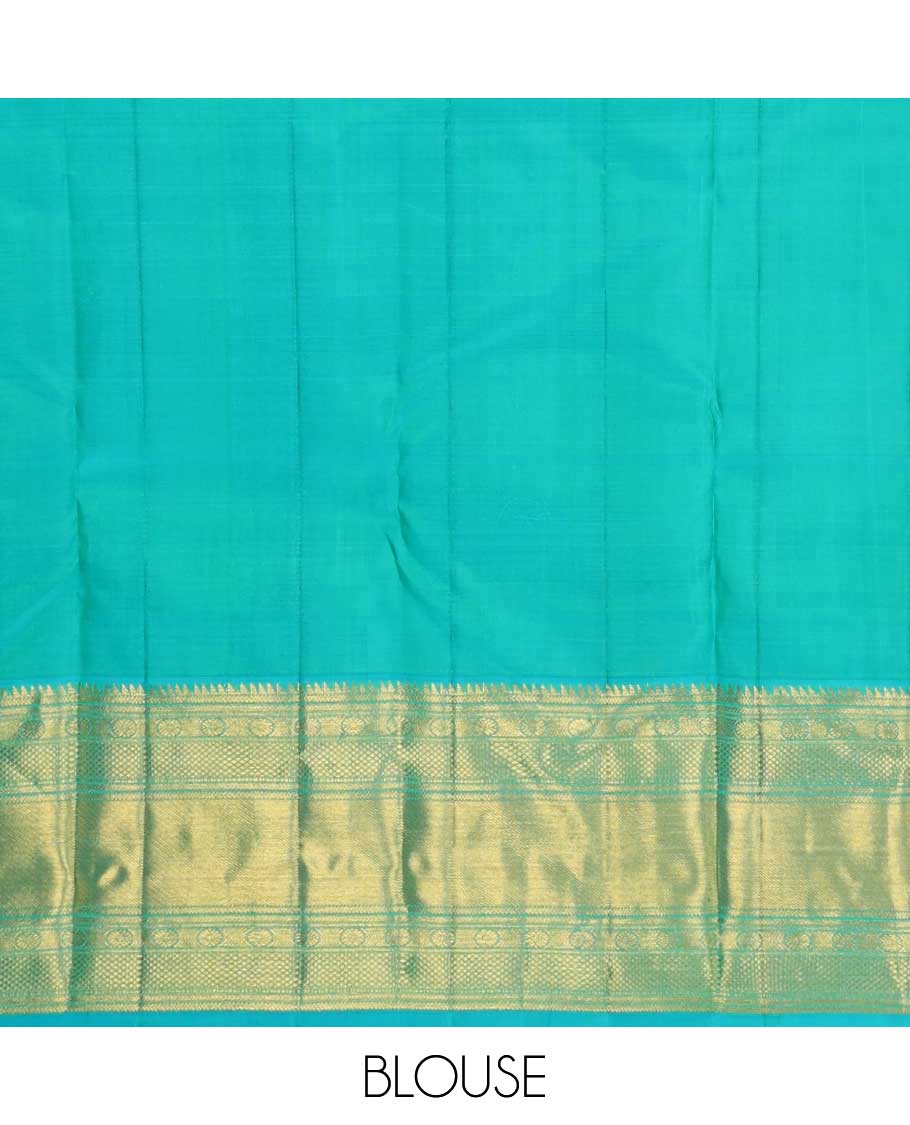 Leaf green zari buttas checked Kanchipuram silk saree, contrast border of ara bogudi,chakram and kuyil kann and jaal pallu