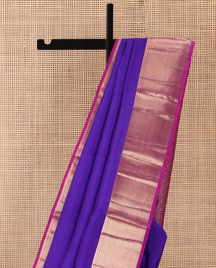 Violet plain Kanchipuram silk saree, contrast border of thilakam, banaras, kuyil kann, and rudraksham designs, and jaal pallu