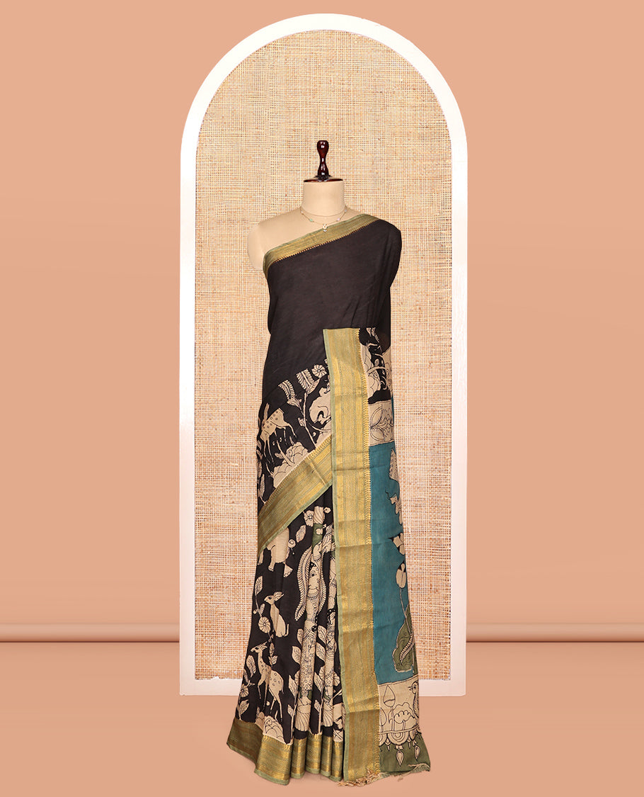 Black Kalamkari Silk Saree, Impeccably Styled with Animal and Human Figurines, a Contrast Traditional Zari Border, Pallu of Kalamkari Design, and a Contrast Blouse