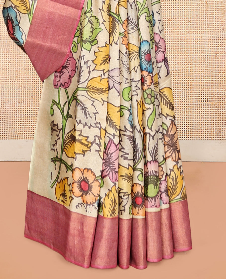 Sandal Floral Vine Pen Kalamkari Silk Saree, a Contrast Border, God Figurines Pallu, Contrast Blouse