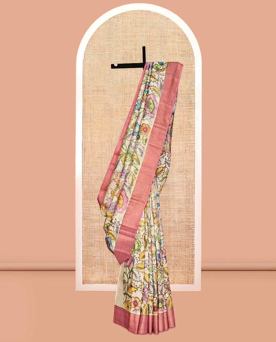 Sandal Floral Vine Pen Kalamkari Silk Saree, a Contrast Border, God Figurines Pallu, Contrast Blouse