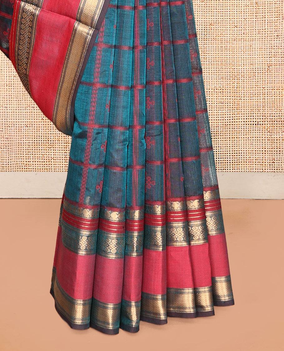 Blue Buttas Enclosed Checked Kuppadam Silk Saree, a Contrast Double-Pet Border, Grand Pallu, a Matching Blouse