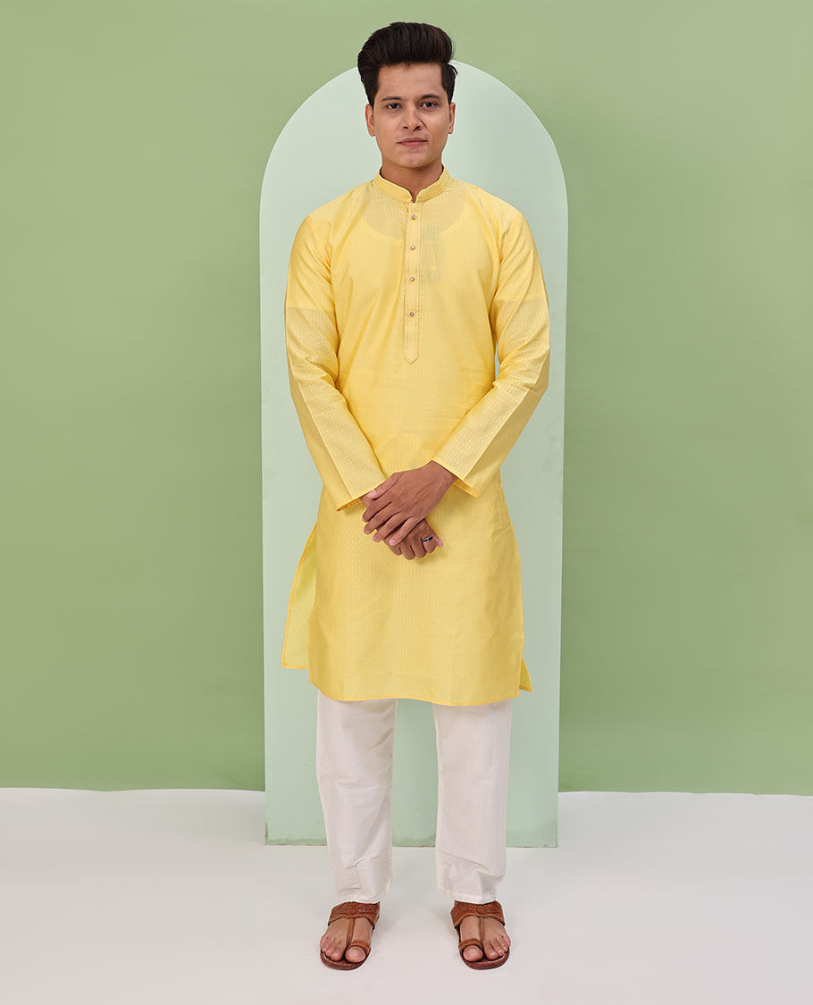 Mango yellow embossed design full-sleeved kurta