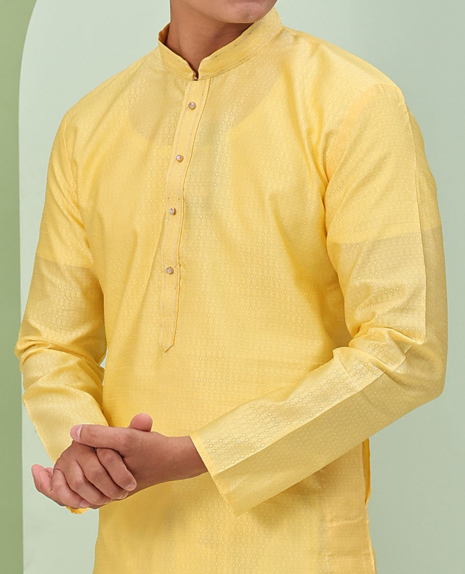 Mango yellow embossed design full-sleeved kurta
