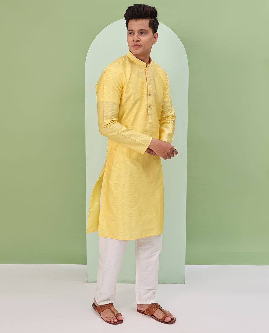 Mango yellow embossed design full-sleeved kurta