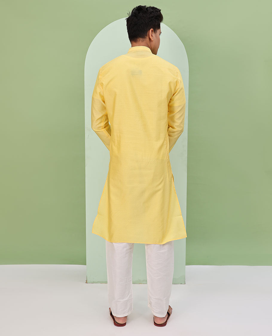 Mango yellow embossed design full-sleeved kurta
