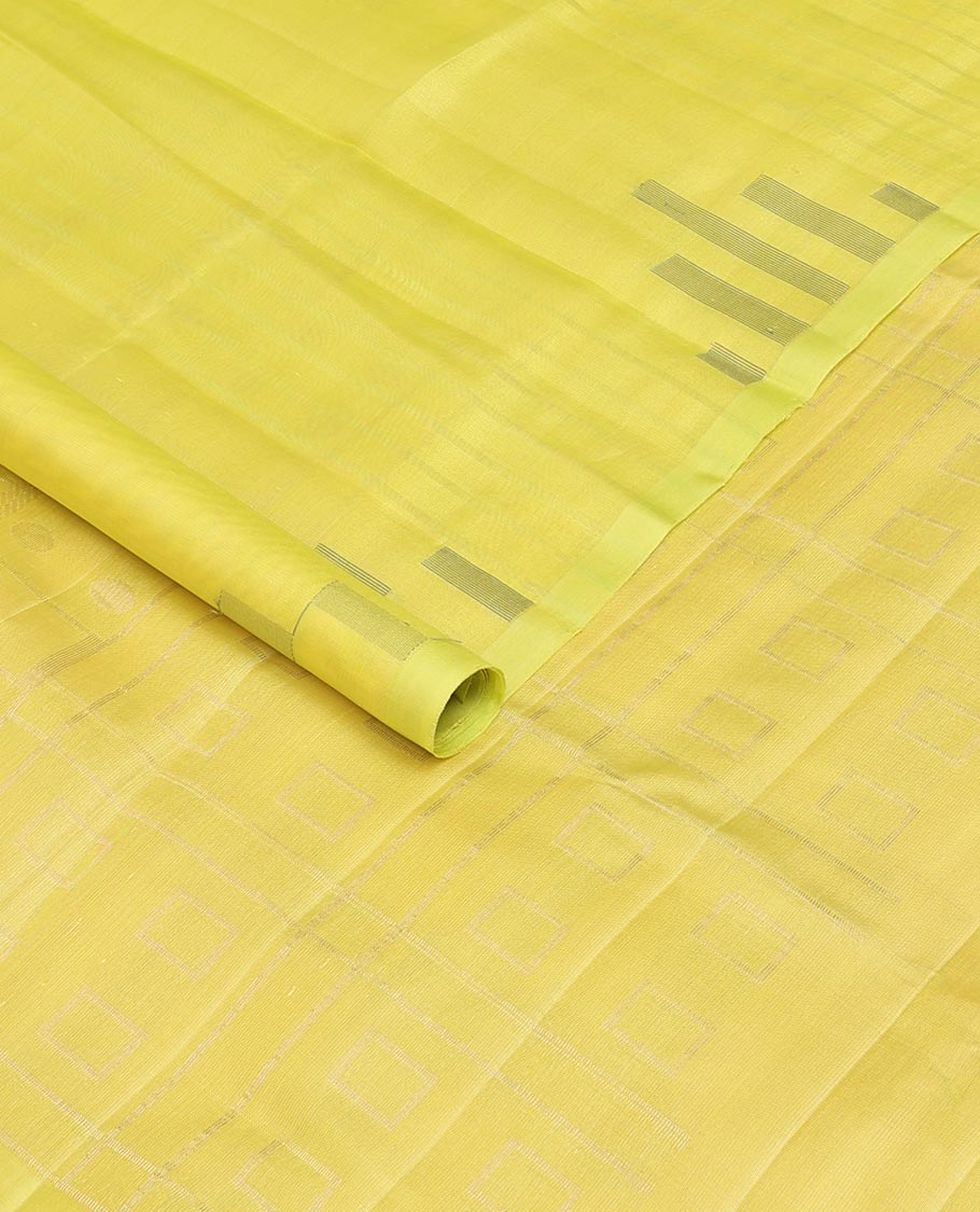 Neon Yellow geometric patterned soft silk saree, zari striped & box motifs pallu