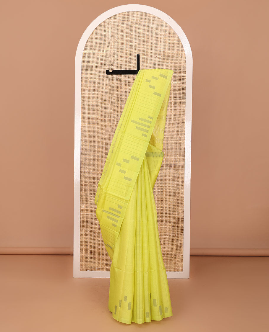 Neon Yellow geometric patterned soft silk saree, zari striped & box motifs pallu