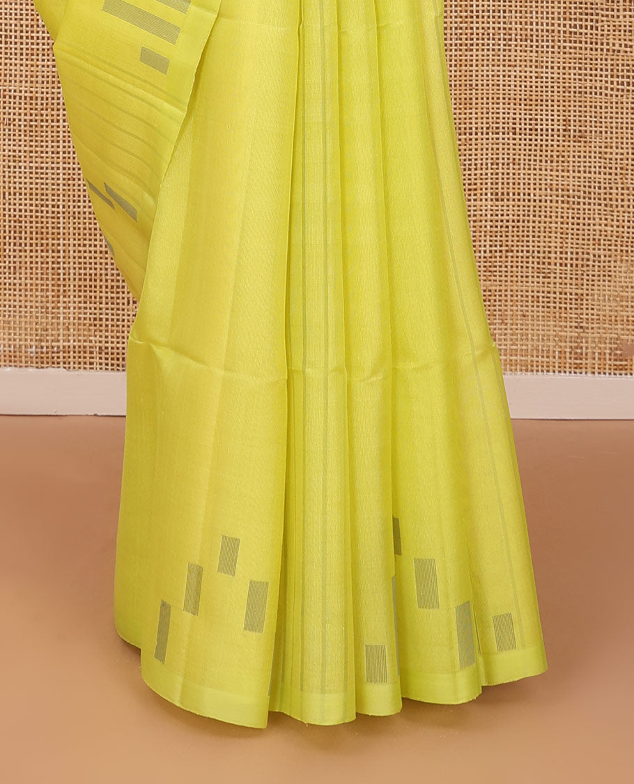Neon Yellow geometric patterned soft silk saree, zari striped & box motifs pallu