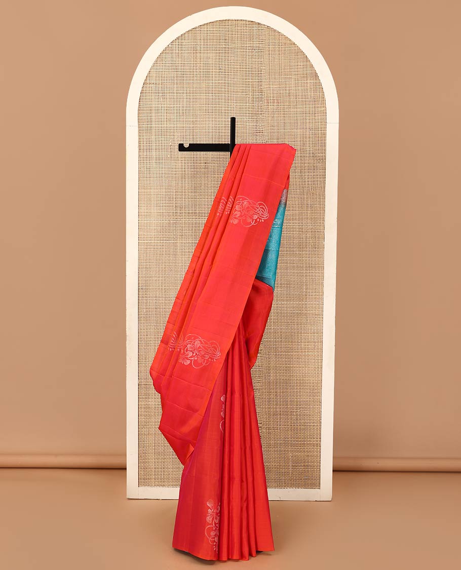 Borderless orange floral buttas woven soft silk saree, contrast pallu of floral and chevron designs