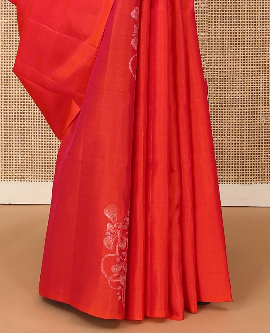 Borderless orange floral buttas woven soft silk saree, contrast pallu of floral and chevron designs