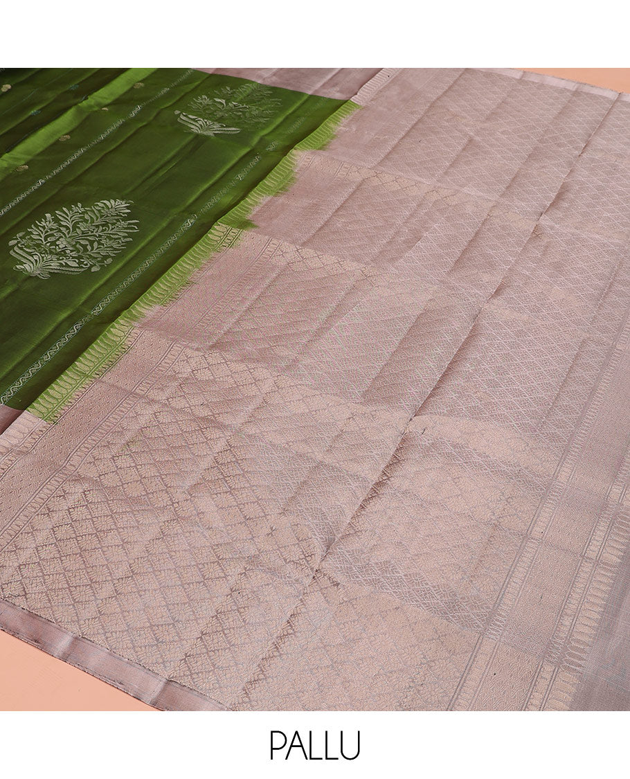 Green zari buttas and neli stripes soft silk saree, contrast zari buttas and neli striped border, and jaal pallu