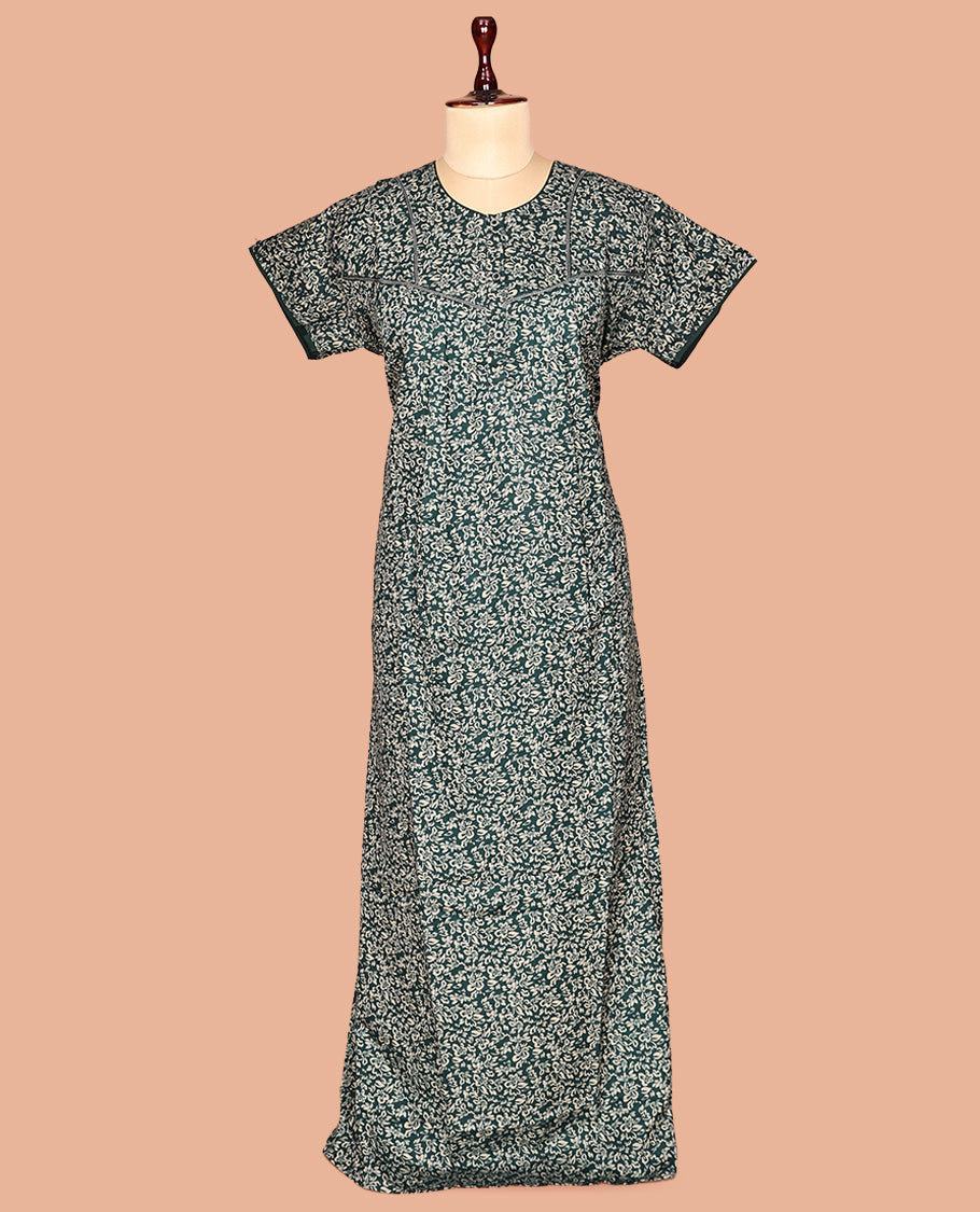 Green Cotton-Blended Floral Print Nighty