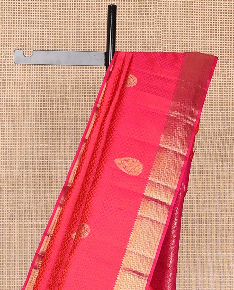 Red leaf design silk saree with self border of thilakam mokuu, vanki design & jaal design pallu