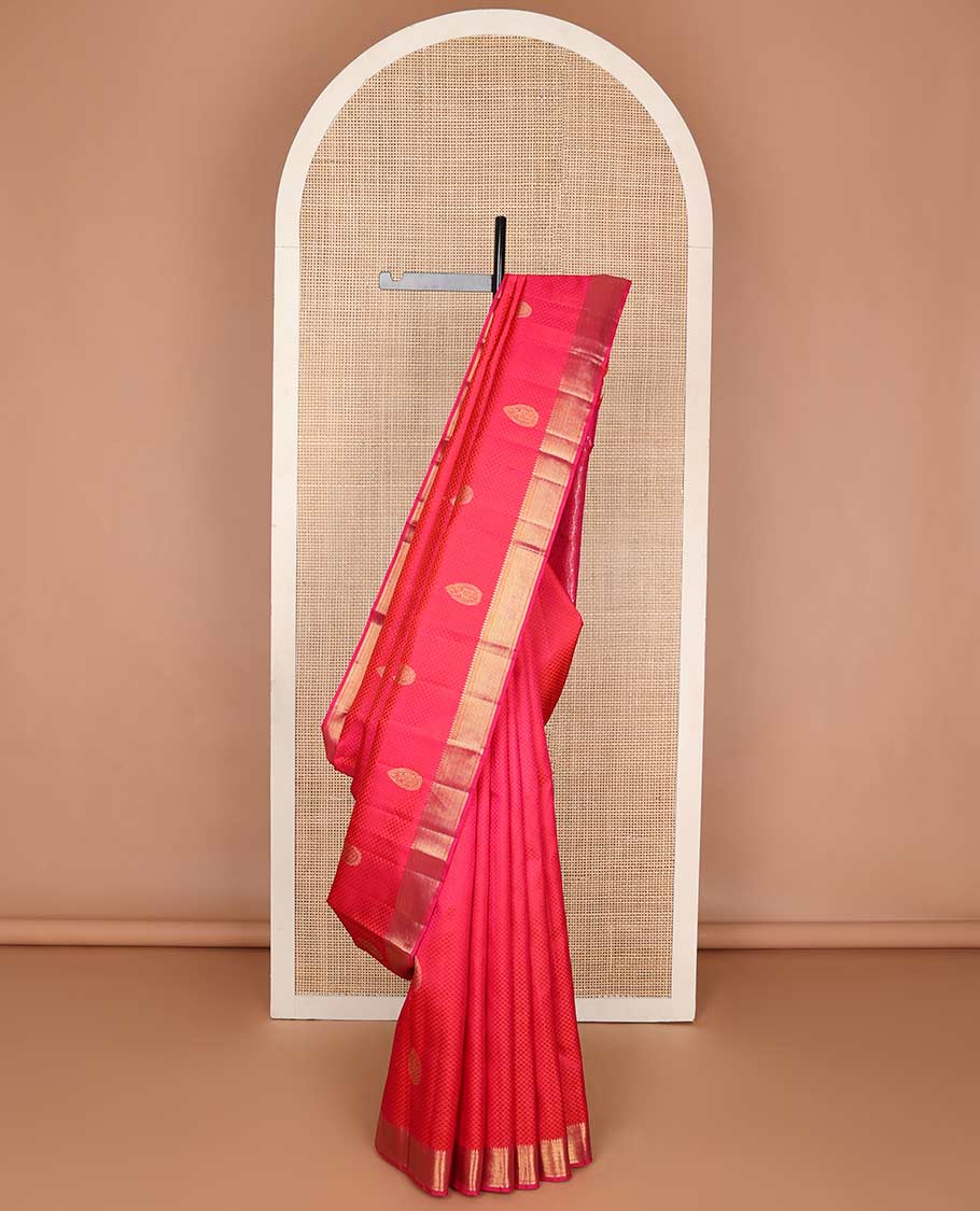 Red leaf design silk saree with self border of thilakam mokuu, vanki design & jaal design pallu