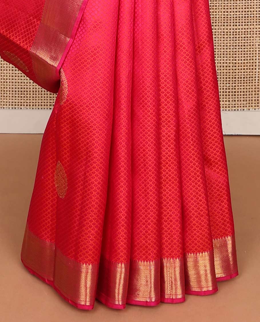 Red leaf design silk saree with self border of thilakam mokuu, vanki design & jaal design pallu