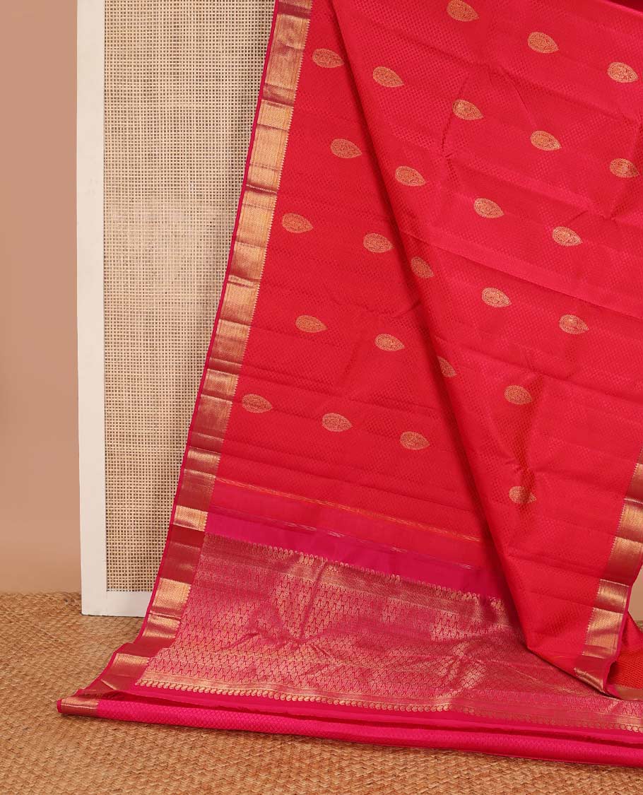 Red leaf design silk saree with self border of thilakam mokuu, vanki design & jaal design pallu