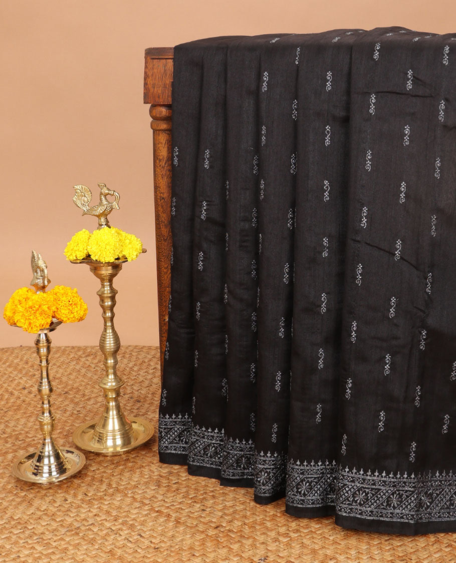 Black butta embroidery matka saree with flower design, zari embroidery border & buuta design pallu alogn with plain blouse