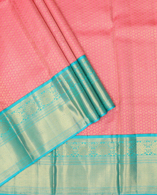 Pink zari buttas pure-silk half saree, contrast border & blouse of dhavana kodi,muthu, neli & then kuli kann design, zari design dhavani