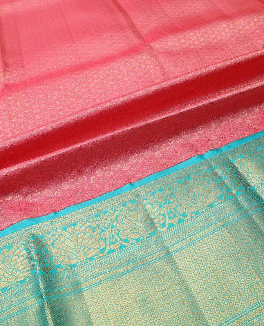 Pink zari buttas pure-silk half saree, contrast border & blouse of dhavana kodi,muthu, neli & then kuli kann design, zari design dhavani