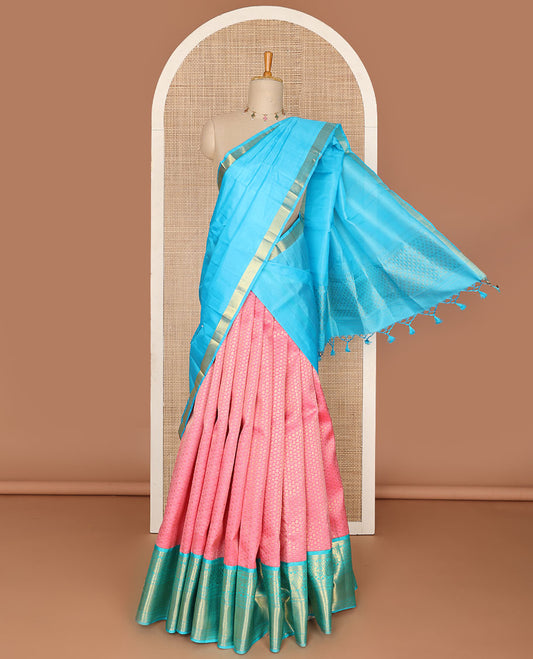Pink zari buttas pure-silk half saree, contrast border & blouse of dhavana kodi,muthu, neli & then kuli kann design, zari design dhavani