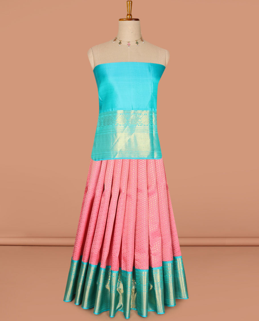 Pink zari buttas pure-silk half saree, contrast border & blouse of dhavana kodi,muthu, neli & then kuli kann design, zari design dhavani