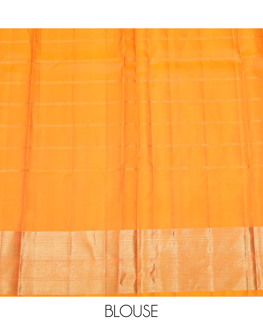 Red zari checked pure-silk half-saree with contrast traditional border of peacock designs, contrast zari bordered blouse, and a dhavani of intricate designs