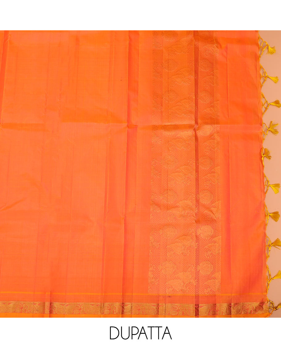 Red zari checked pure-silk half-saree with contrast traditional border of peacock designs, contrast zari bordered blouse, and a dhavani of intricate designs