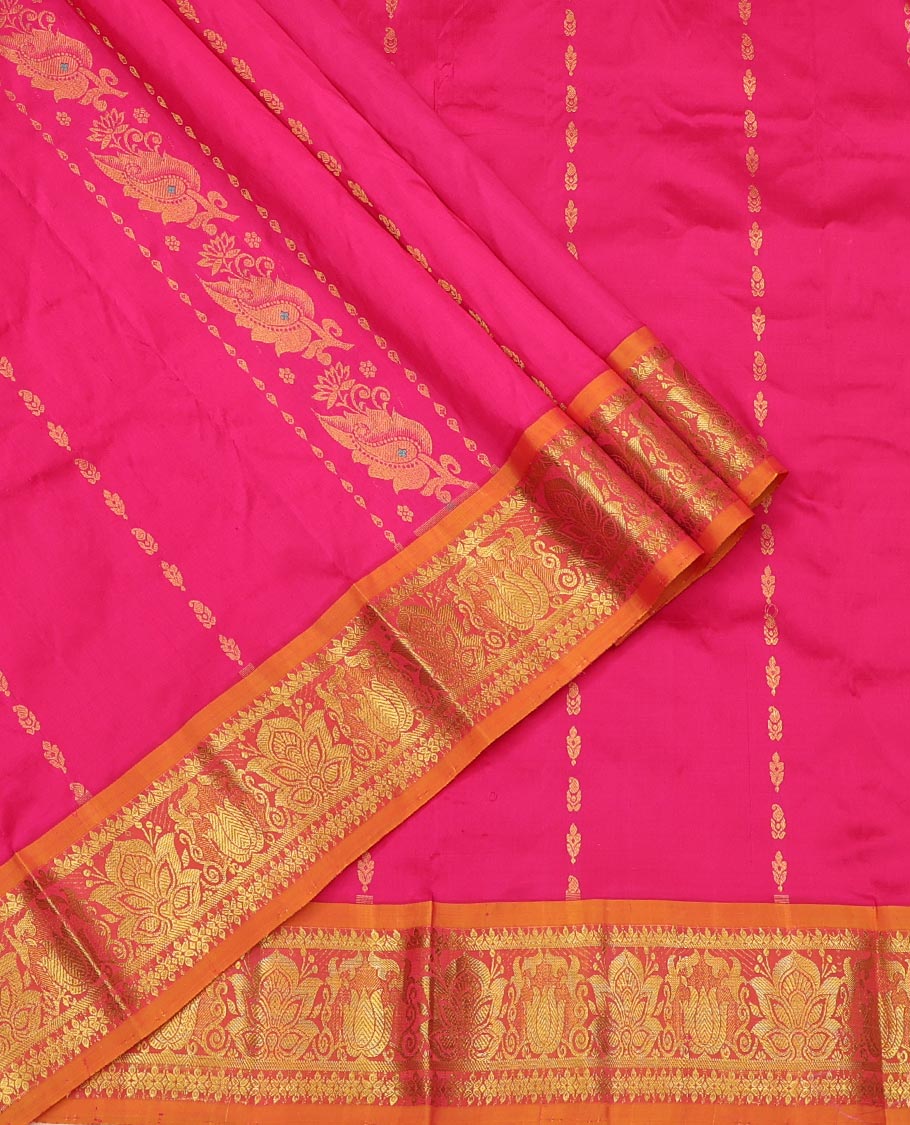 Pink Pure Silk Half-Saree, Decked Up with Zari Designs on Its Body, Complemented by a Contrast Floral Zari Design Border, Complemented by a Contrast Blouse, and Paired with a Contrast Dhavani of Floral Designs