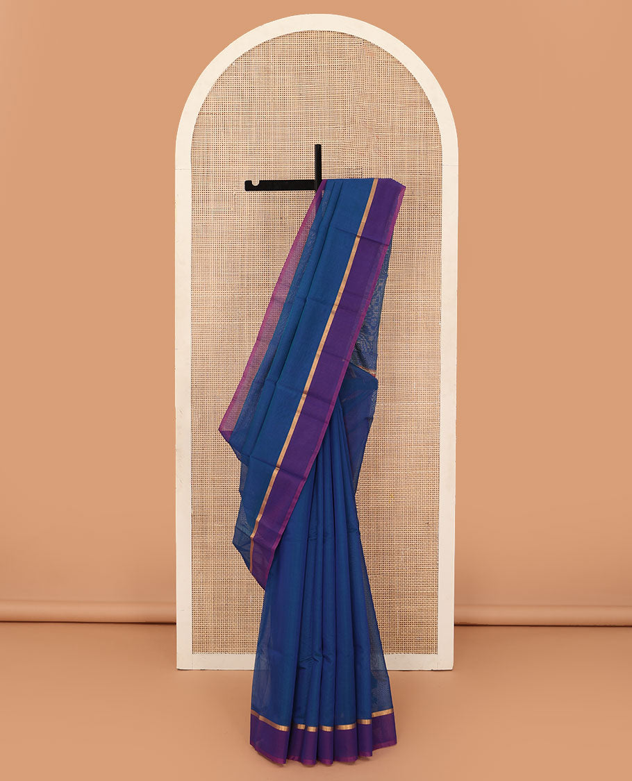Royal blue plain silk cotton saree, contrast zari striped border, and contrast plain pallu