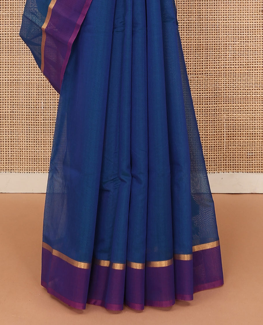 Royal blue plain silk cotton saree, contrast zari striped border, and contrast plain pallu