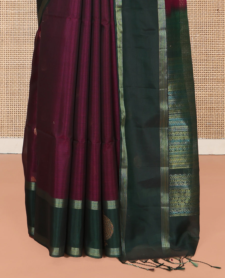 Maroon Silk Cotton Saree, Artfully Woven with Peacock and Rudraksham Motifs On Its Body, Complemented by Contrast Zari Motifs Woven Border, Geometric Zari Patterned Pallu and Paired with a Contrast Blouse
