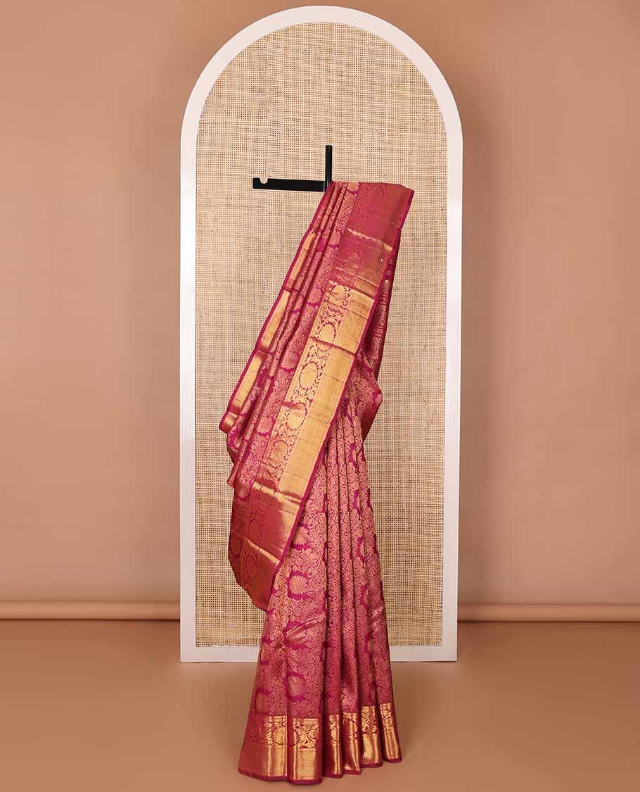 Dark pink floral jacquard silk saree with self border of thilakam mokku, kodi visiry, vanki design & argyle design pallu