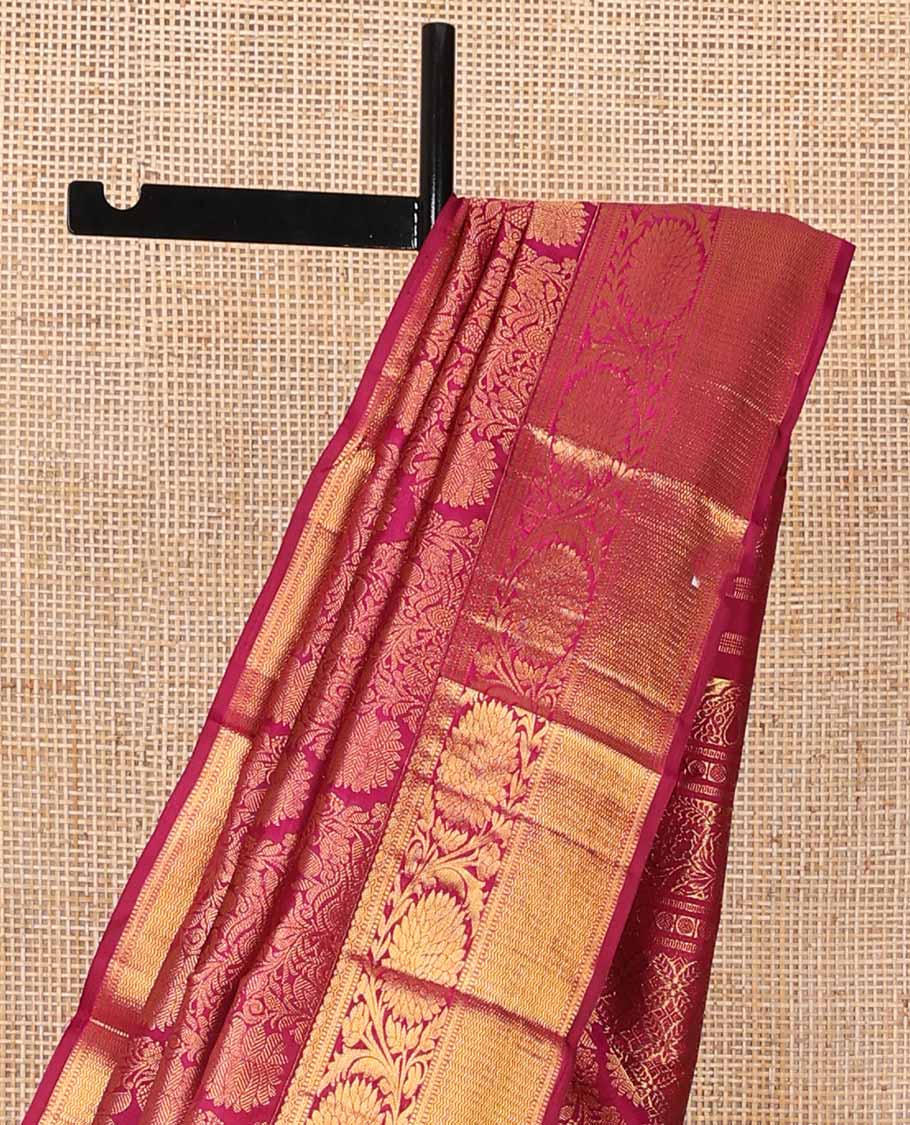 Dark pink floral jacquard silk saree with self border of thilakam mokku, kodi visiry, vanki design & argyle design pallu
