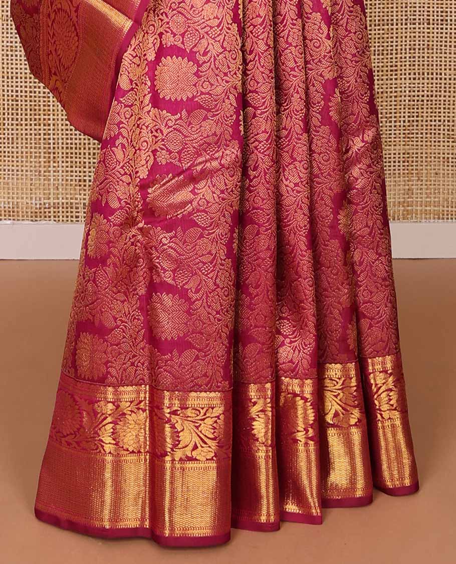 Dark pink floral jacquard silk saree with self border of thilakam mokku, kodi visiry, vanki design & argyle design pallu