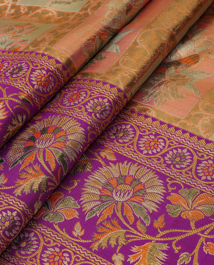 Multi-color meenakari jacquard silk saree, contrast meenakari border of rekku & kodi visiry designs, & pallu of intricate designs