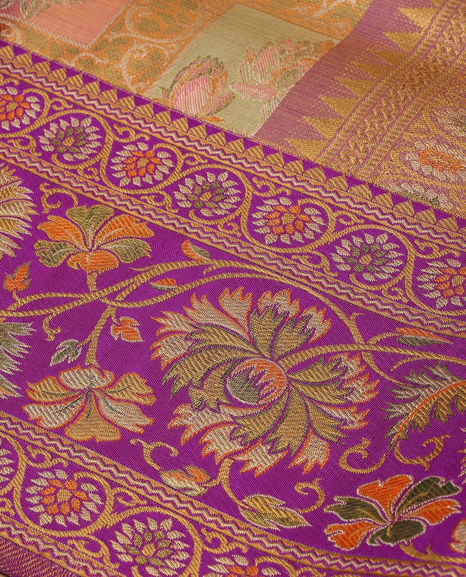 Multi-color meenakari jacquard silk saree, contrast meenakari border of rekku & kodi visiry designs, & pallu of intricate designs
