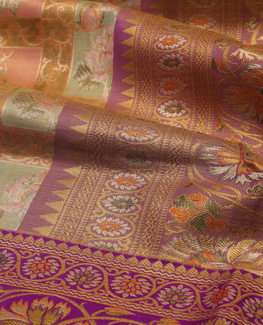 Multi-color meenakari jacquard silk saree, contrast meenakari border of rekku & kodi visiry designs, & pallu of intricate designs