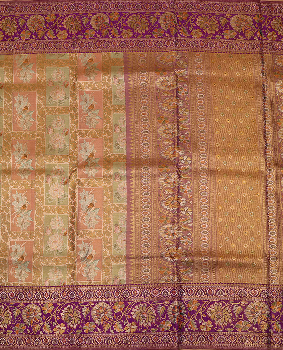 Multi-color meenakari jacquard silk saree, contrast meenakari border of rekku & kodi visiry designs, & pallu of intricate designs