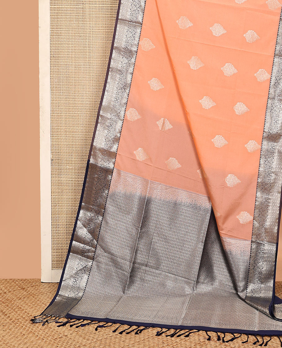 Orange zari buttas soft silk saree, contrast traditional zari design border, and jaal pallu