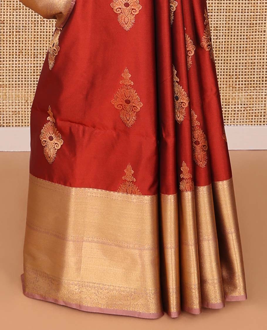 Red floral design semi soft silk saree with floral design border & paisley design pallu