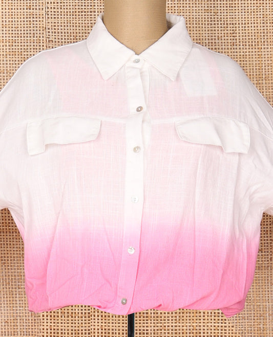 White with Pink Shirt style regular collar & 3/4th-sleeve cotton top
