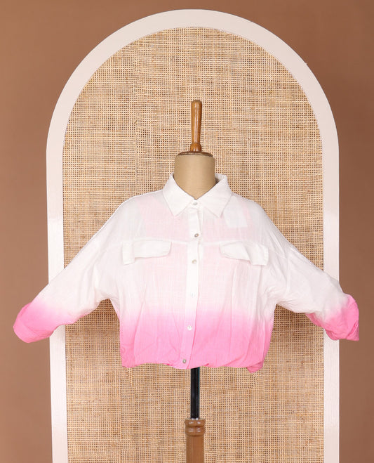 White with Pink Shirt style regular collar & 3/4th-sleeve cotton top