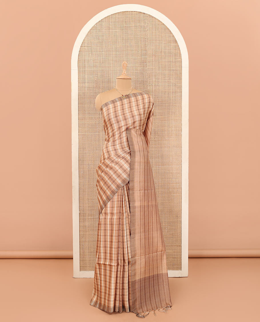 Borderless sandal and brown solid checked tussar silk saree with self-pallu