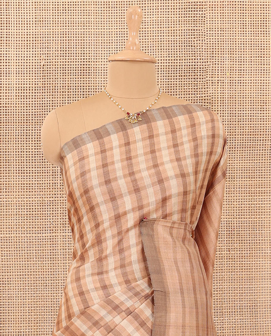 Borderless sandal and brown solid checked tussar silk saree with self-pallu